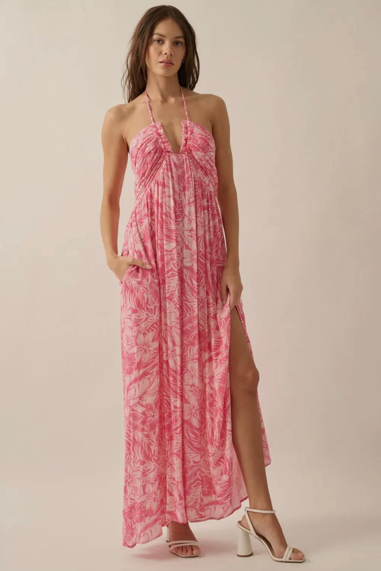 Flowy Textured Halter Neck Maxi Dress