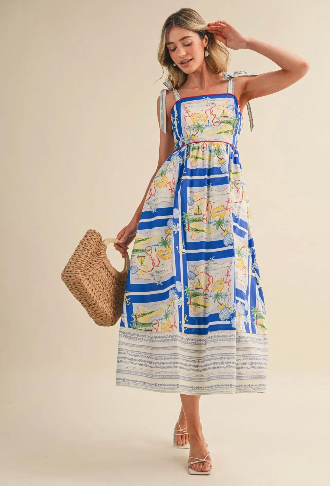 nautical midi dress 2026 New European and American Style Women's Nautical Print Spaghetti Strap Midi Dress, A-Line Casual Summer Dress with Pockets