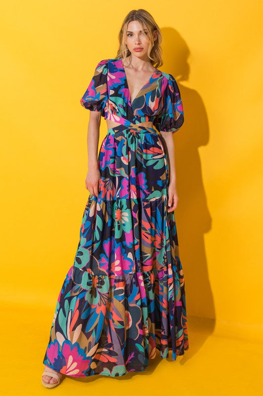 puff sleeve cut out maxi dress Side Cut-Out Detail Puff Sleeve Solid Maxi Dress