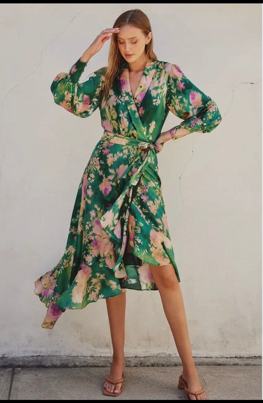 green printed midi wrap dress The Belmarez Floral V-Neck Midi Dress in Green Mix – Piper & Scoot main image 1