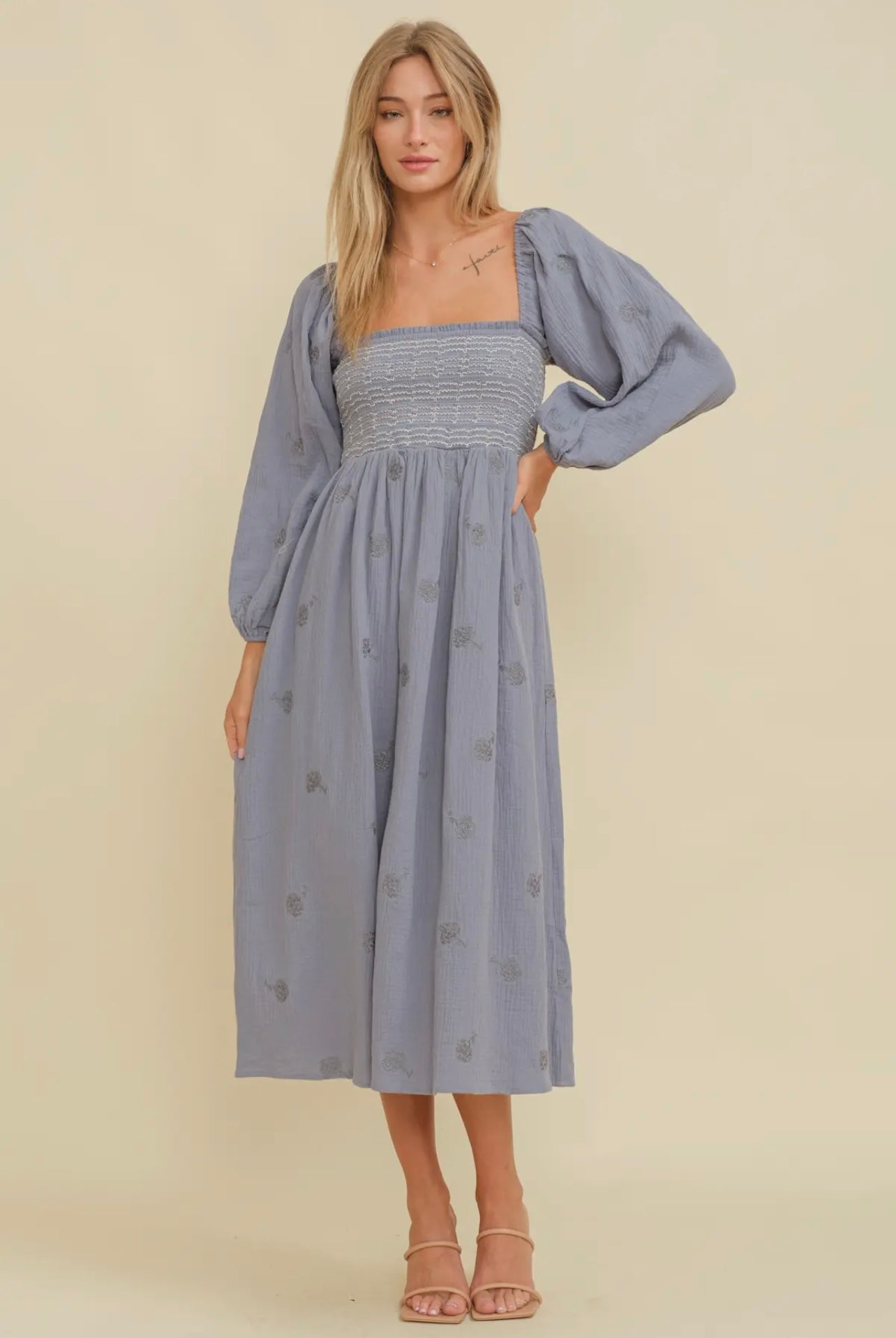 knee length dresses for ladies Light Blue Cotton Poplin Floral Smocked Midi Dress