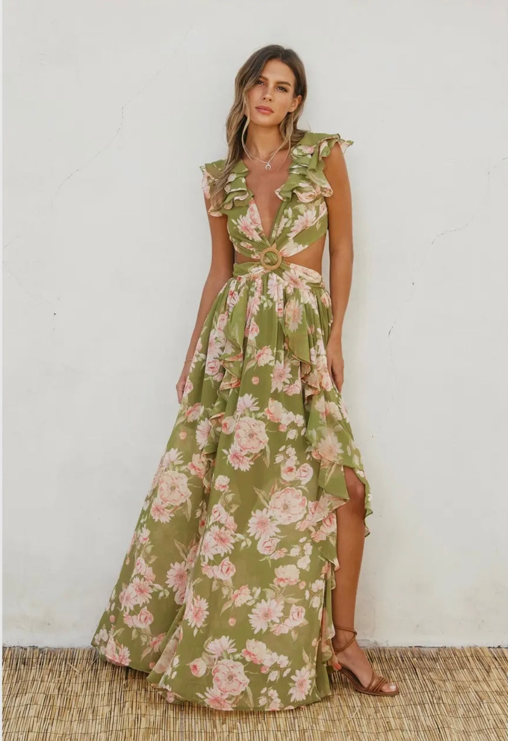 knee length dresses for ladies Floral Frilly Shirred Bodice Tiered Maxi Dress – Pretty Bash main image 0