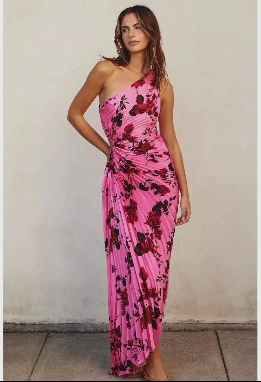 strapless open back dress Potential Heartache Pleated One Shoulder Maxi Dress