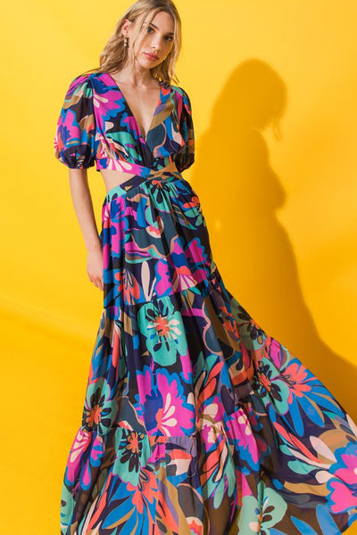 Cut-out Tropical Print Maxi Dress