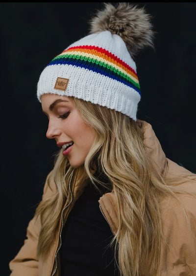 White & Rainbow Striped Pom Hat
