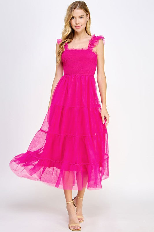 AERIN Sleeveless Tiered Tulle Midi Dress - Hot Pink Medium