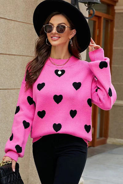Pink Heart Pattern Knit Sweater