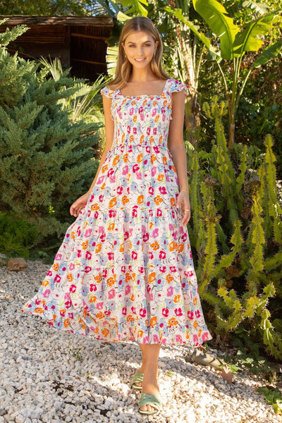 Astrid Smocked Floral Print Tiered Midi Dress