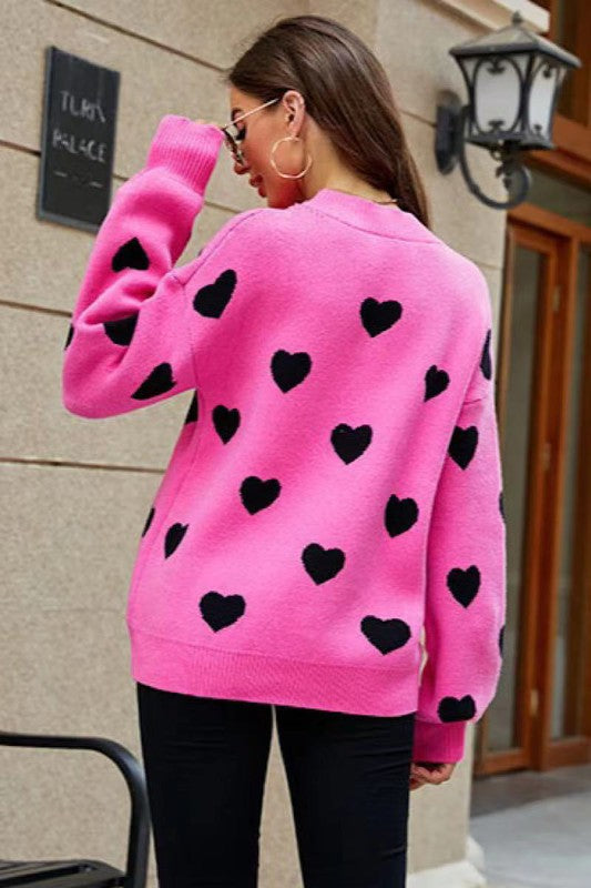 Pink Heart Pattern Knit Sweater