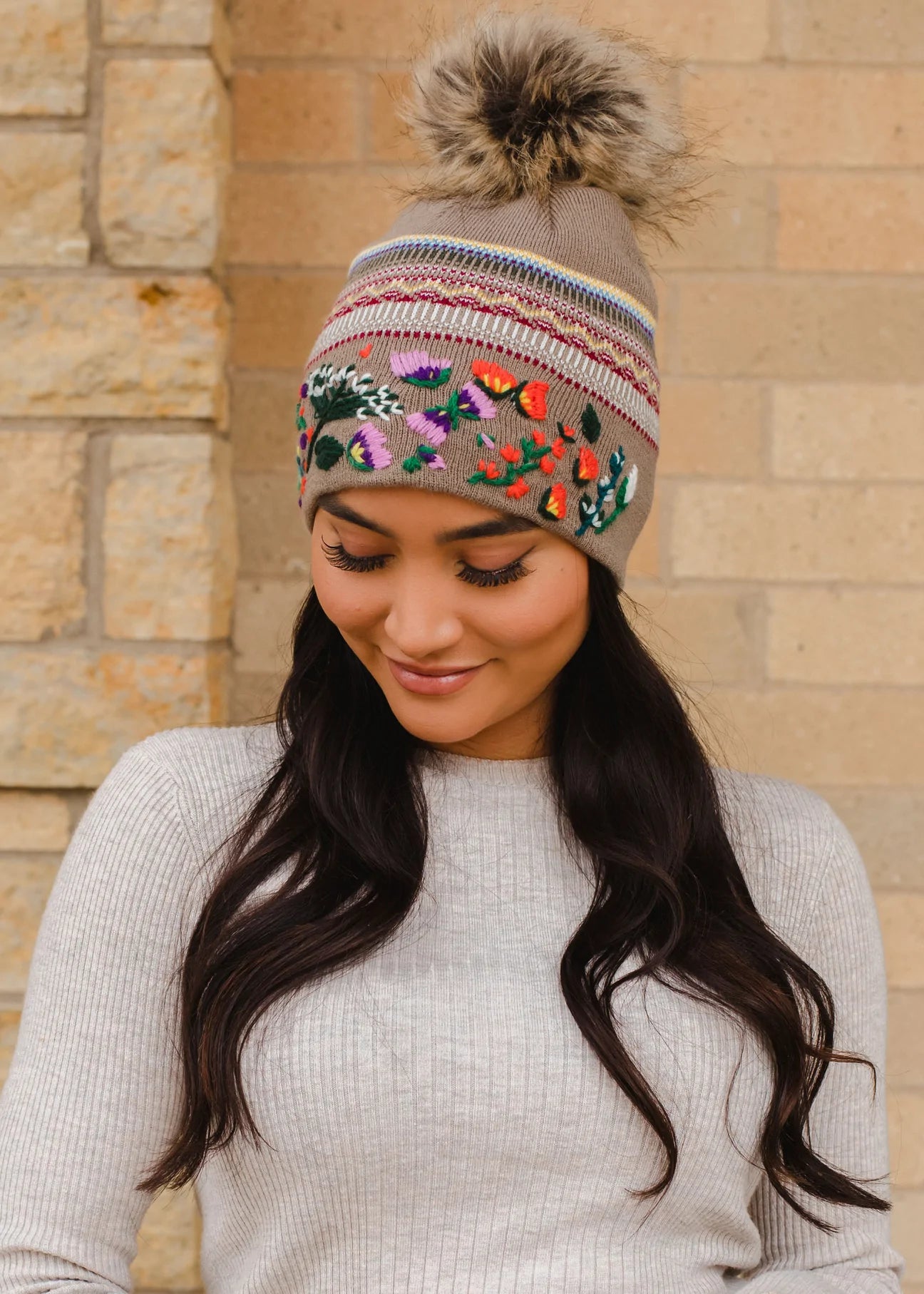 Embroidered Knit Hat with Faux Fur Pom