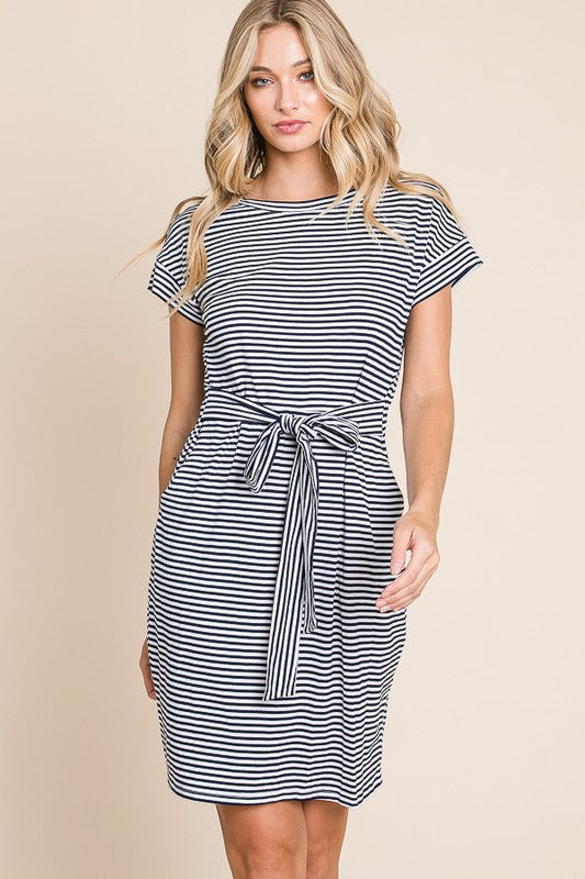 Emerson Striped Tie Waist Dress - Black Medium Emerson Striped Tie Waist Dress - Black Medium