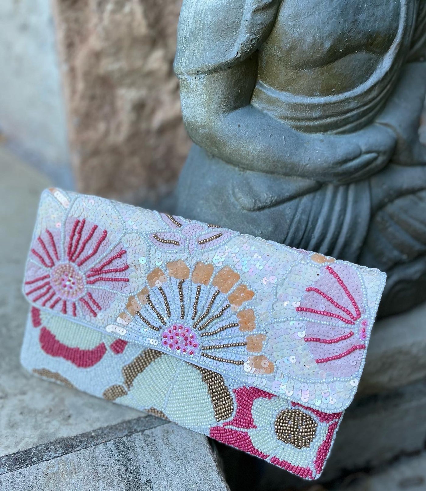 Pink & Cream Floral Beaded Clutch