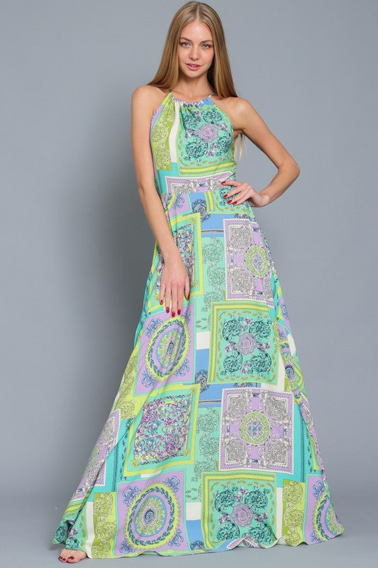 Clover Scarf Print Halter Maxi Dress