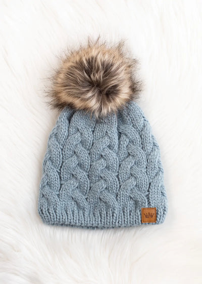 Braided Knit Hat with Faux Fur Pom