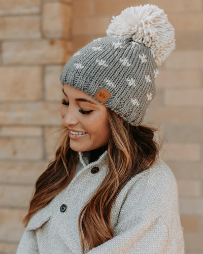 Gray Knit Hat with Cream Pattern