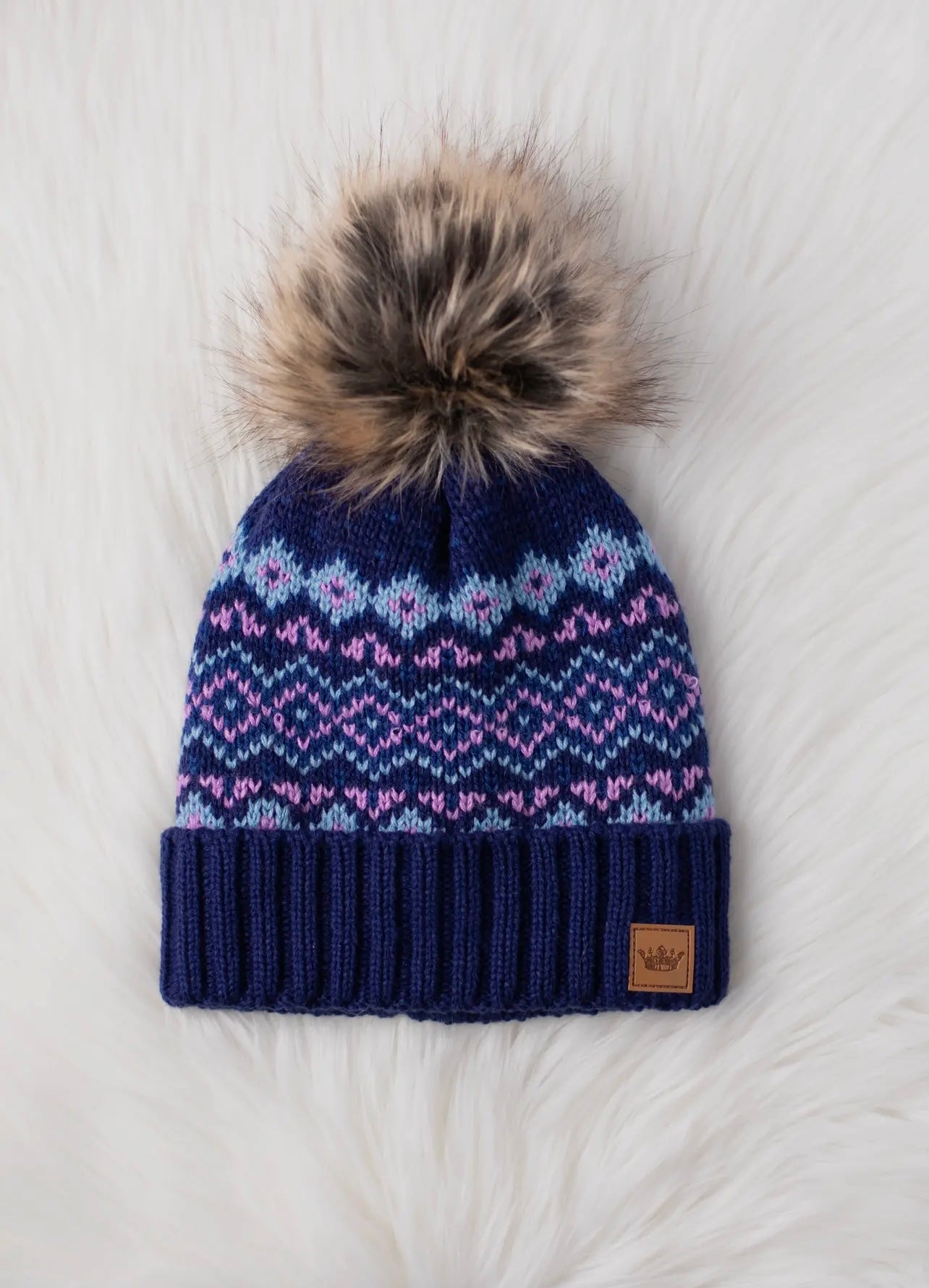 Diamond Pattern Knit Hat with Faux Fur Pom