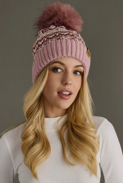 Pink, Ivory & Rust Patterned Pom Hat