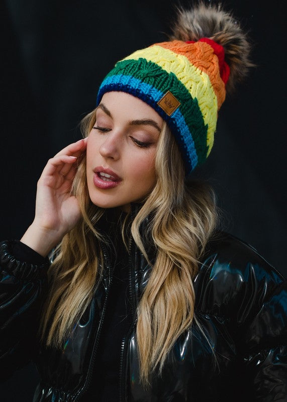 Classic Rainbow Stripe Cable Knit Hat with Pom