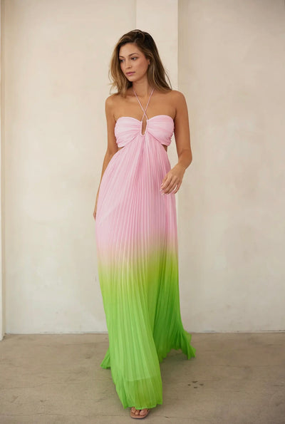 Allegra Ombré Sweetheart Pleated Halter Maxi Dress