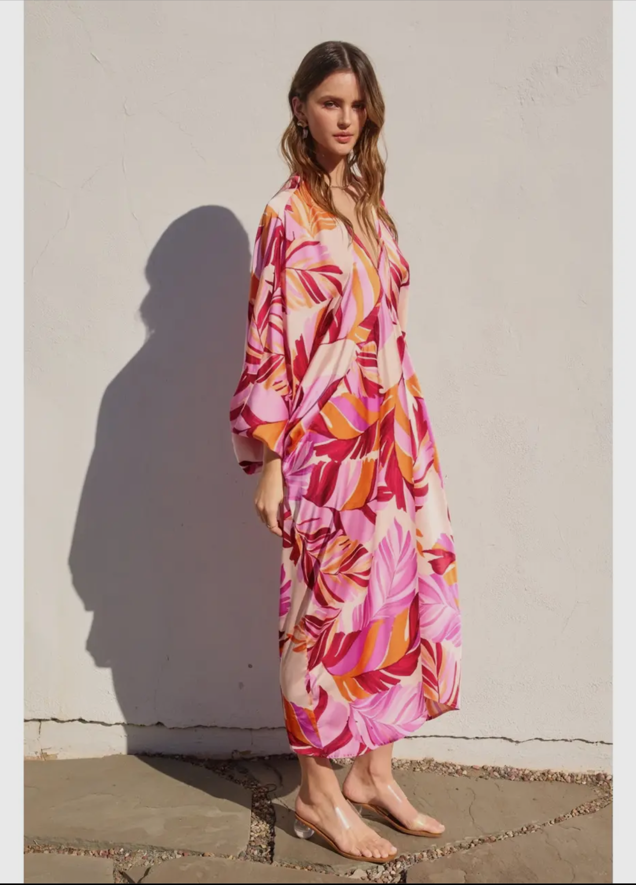 Tropical Print Satin Caftan Dress