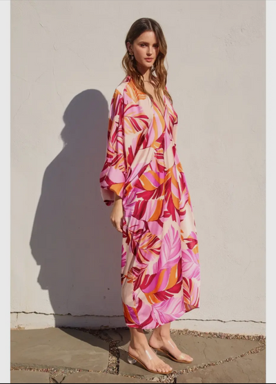 Tropical Print Satin Caftan Dress