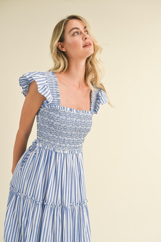 Adeline Striped Smocked Tiered Midi Dress