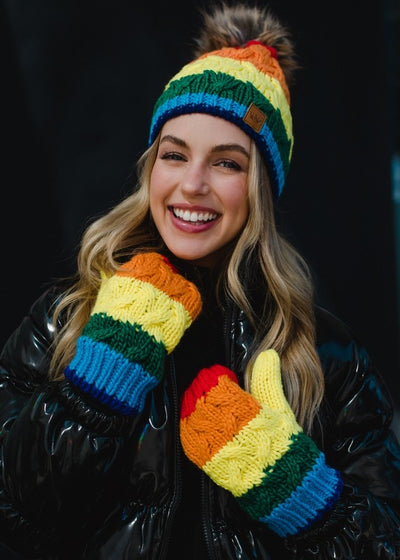 Classic Rainbow Stripe Cable Knit Hat with Pom