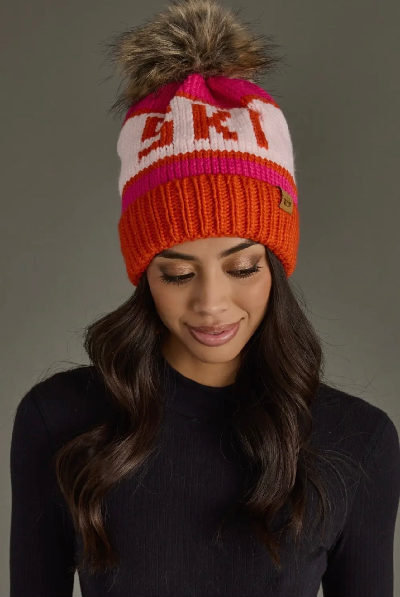 “SKI” Knit Hat with Faux Fur Pom