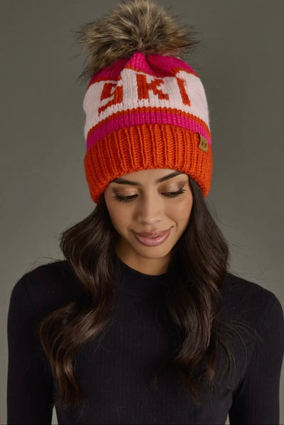 “SKI” Knit Hat with Faux Fur Pom