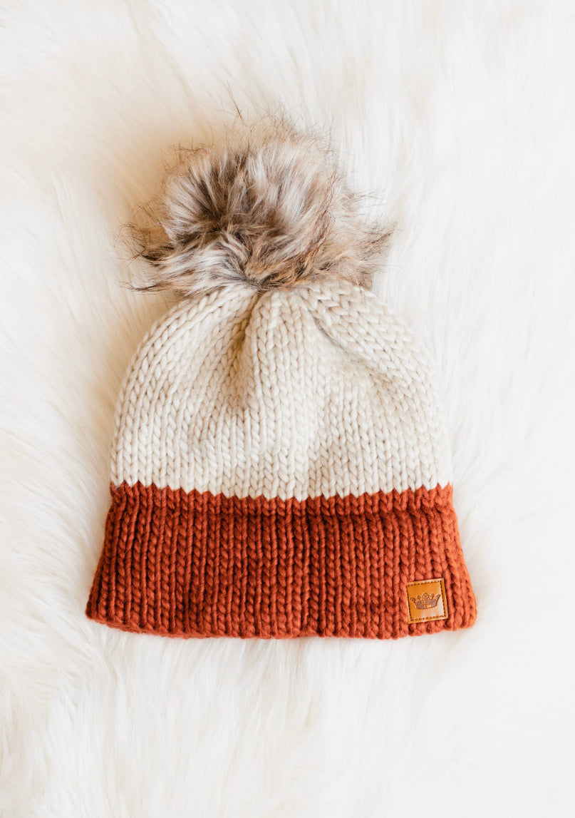 Color-block Knit Hat with Faux Fur Pom