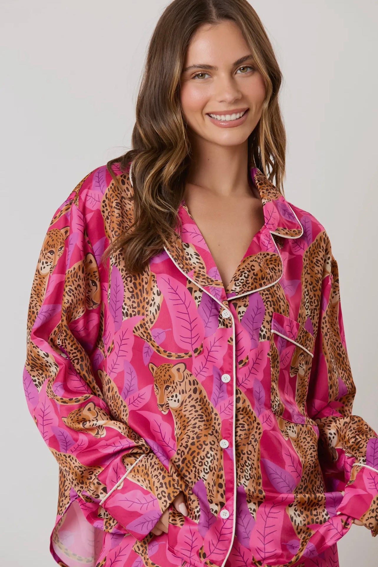 Silky Satin Cheetah Print Long Sleeve Pajama Set