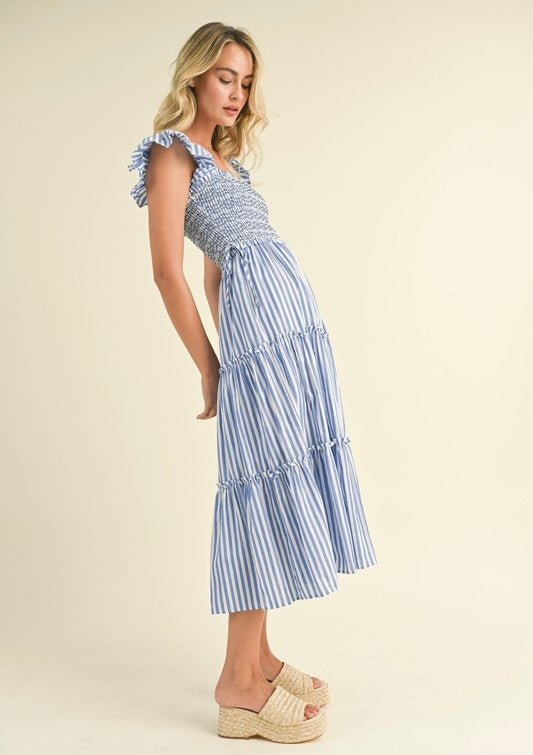 Adeline Striped Smocked Tiered Midi Dress