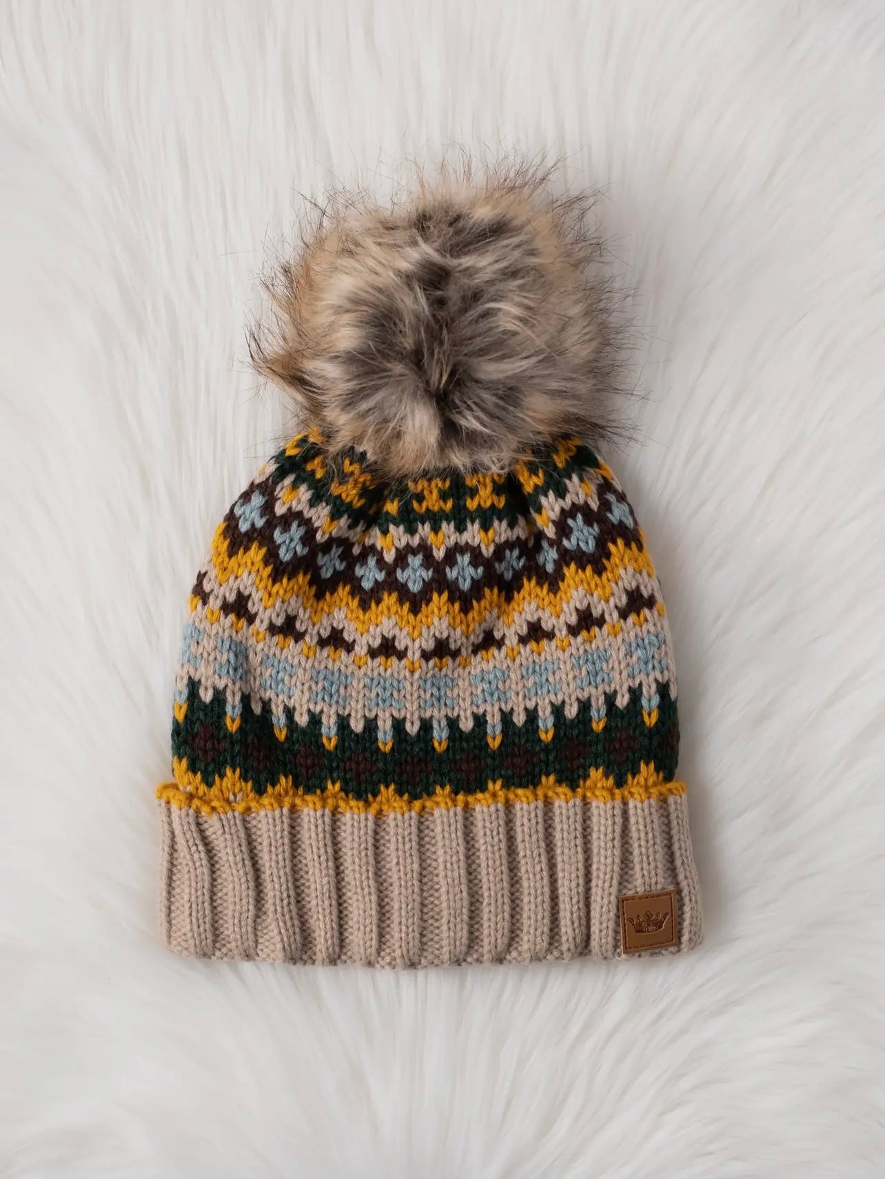 Patterned Knit Hat with Faux Fur pom