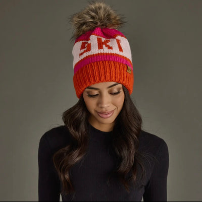 “SKI” Knit Hat with Faux Fur Pom