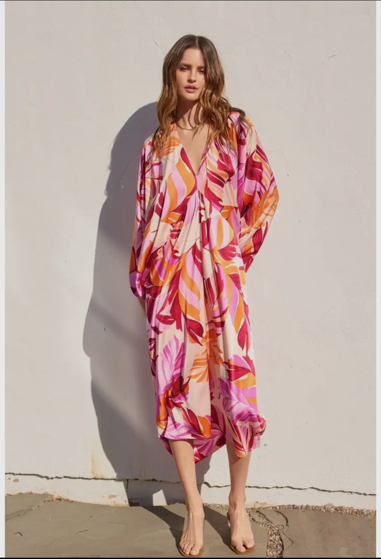 Tropical Print Satin Caftan Dress