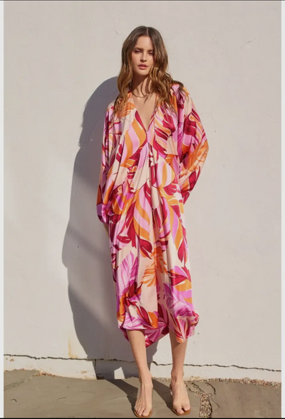 Tropical Print Satin Caftan Dress