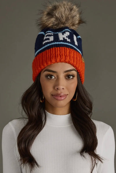 “SKI” Knit Hat with Faux Fur Pom