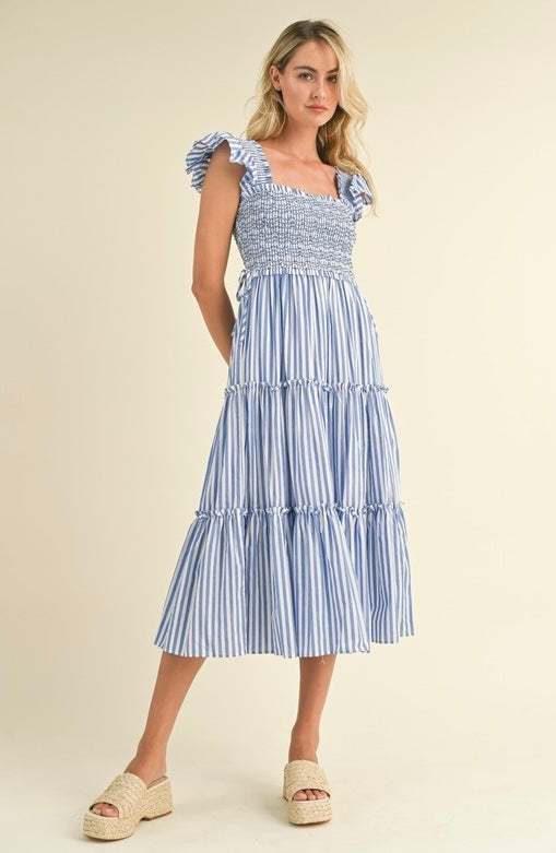 Adeline Striped Smocked Tiered Midi Dress