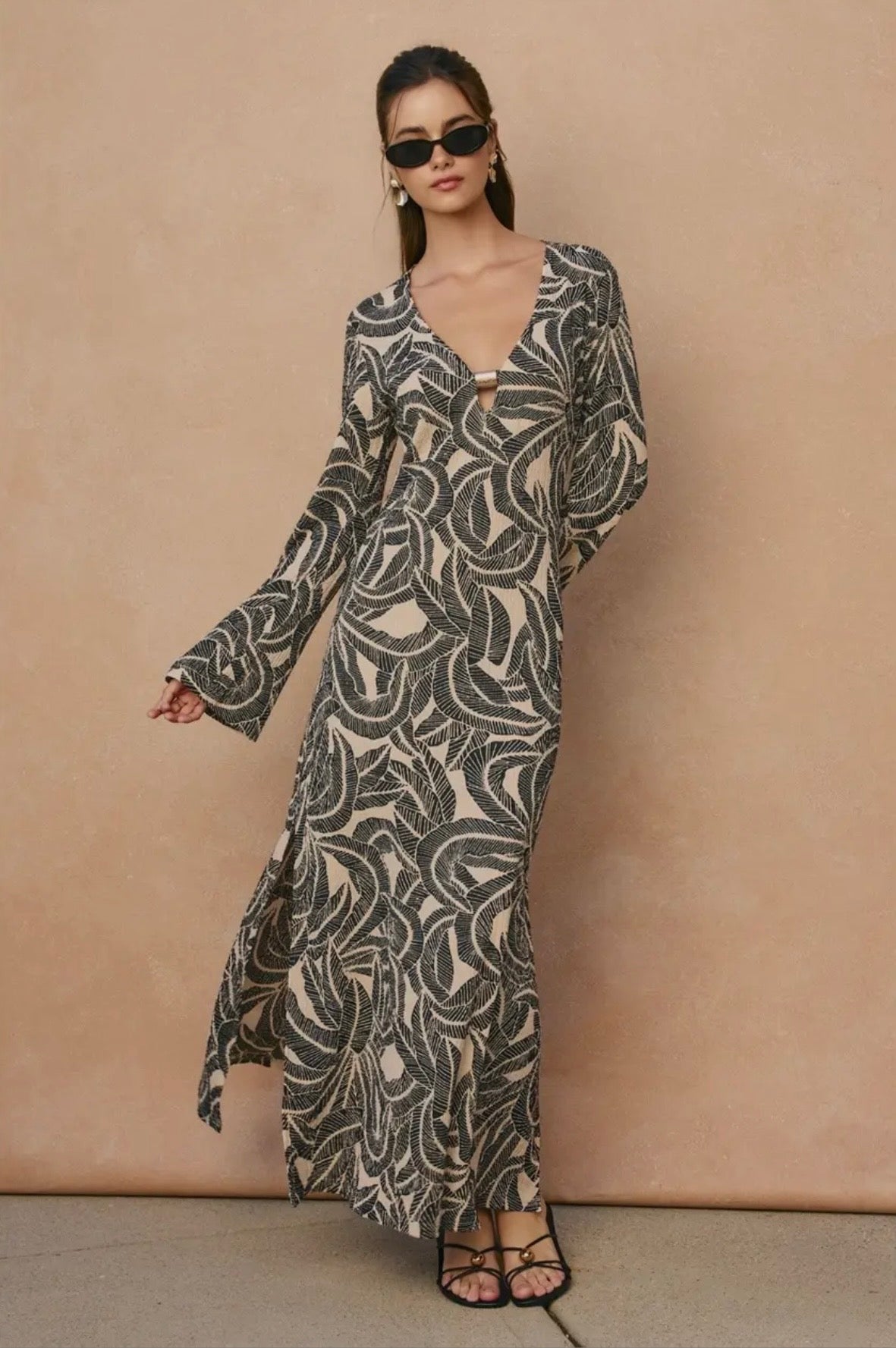 Saltwater Blush Gold Trim Bell Sleeve Maxi Dress Style Trolley Saltwater Blush Gold Trim Bell Sleeve Maxi Dress Style Trolley