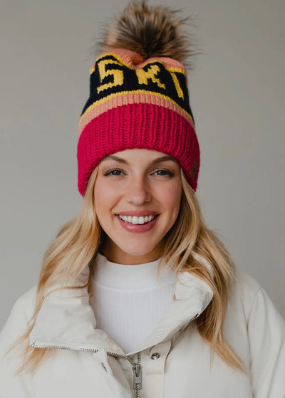 “SKI” Knit Hat with Faux Fur Pom