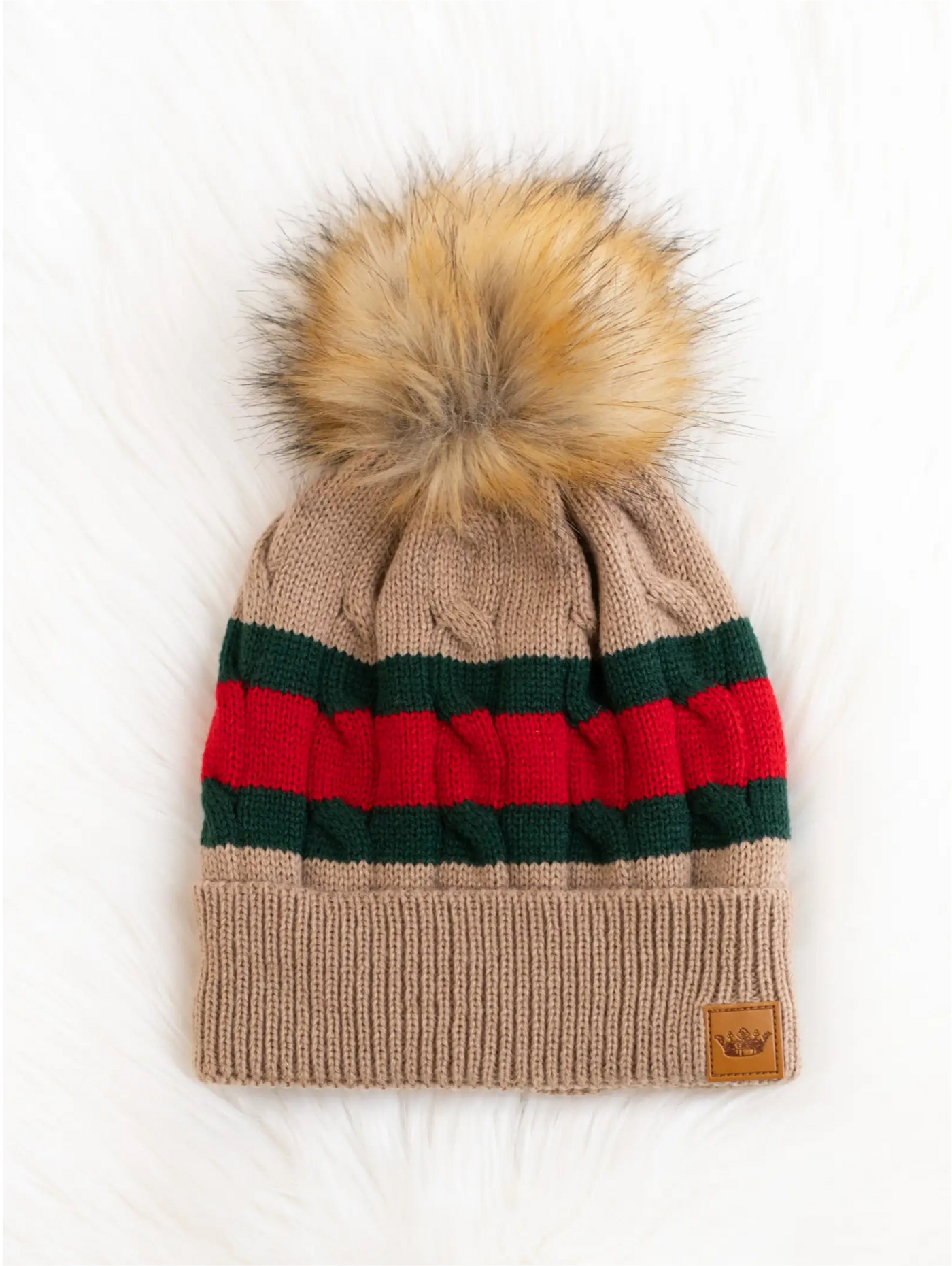 Stripe Knit Hat with Faux Fur Pom