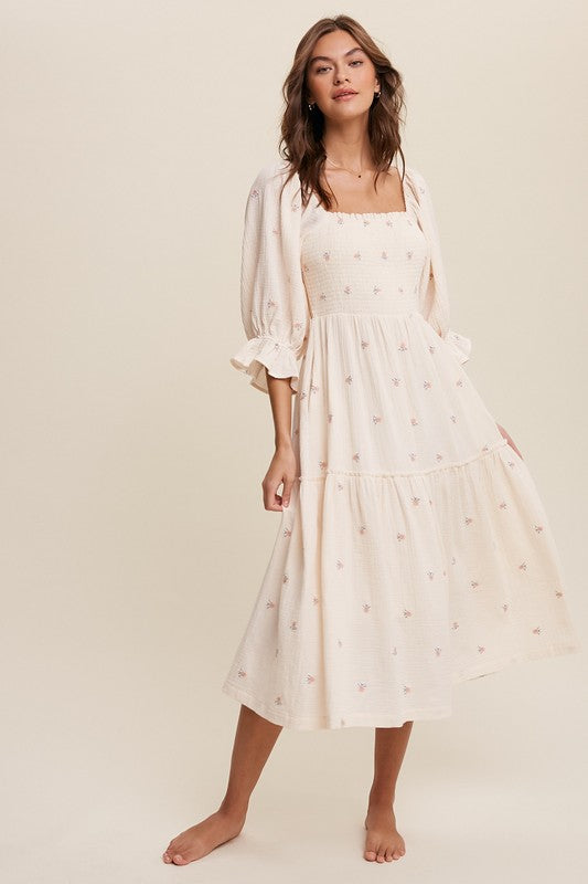 Ditsy Floral Embroidery Puff Sleeve Boho Maxi Dress
