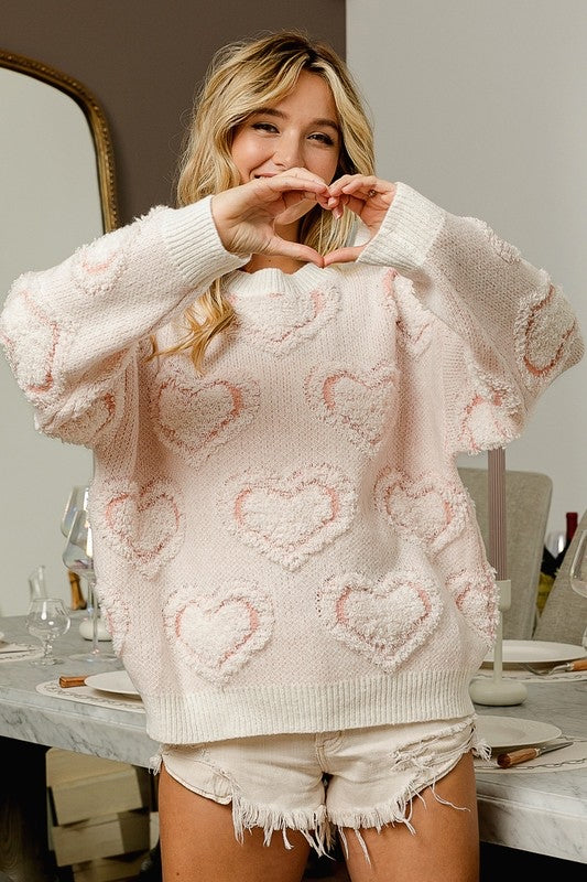 Textured Heart Pattern Knit Sweater