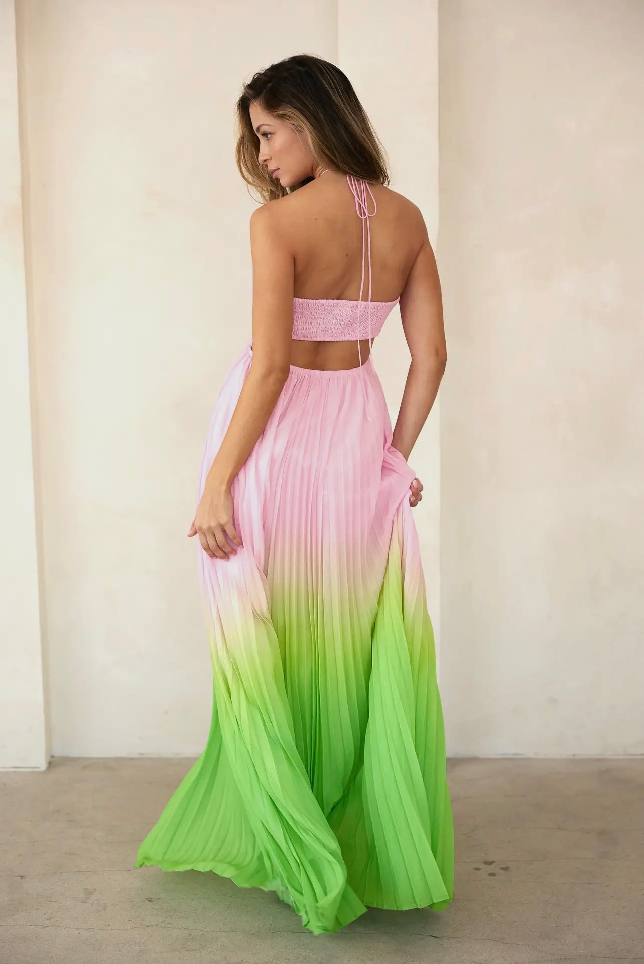 Allegra Ombré Sweetheart Pleated Halter Maxi Dress