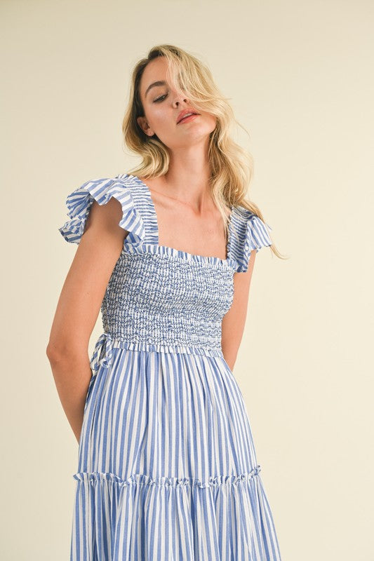 Shop Adeline Striped Smocked Tiered Midi Dress