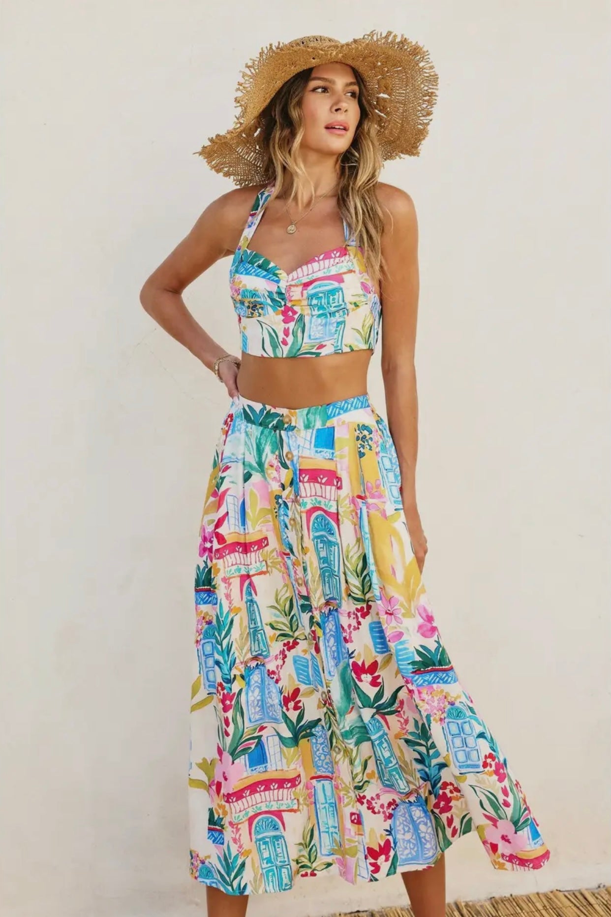 Long Summer Crop Top & Midi Skirt Set