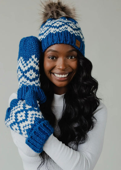 Blue & White Patterned Knit Pom Hat