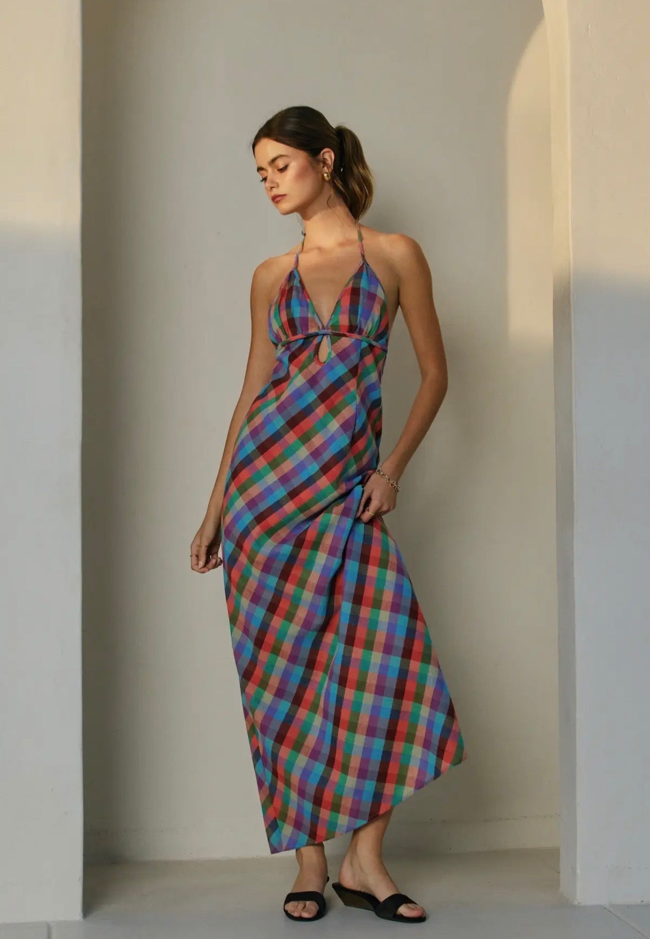 Vibrant Vines Triangle Top Halter Maxi Dress