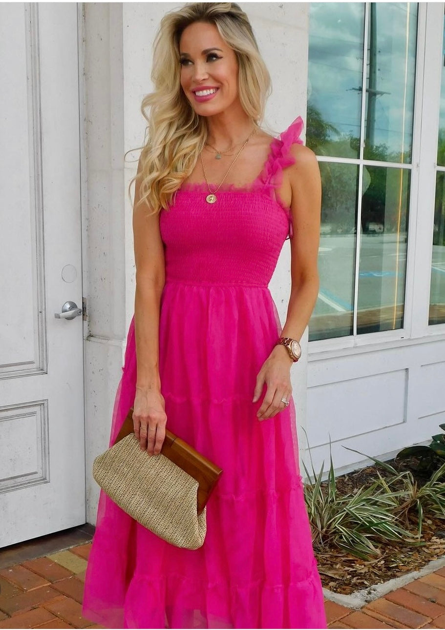 Aerin Sleeveless Tiered Tulle Midi Dress - Hot Pink Medium Aerin Sleeveless Tiered Tulle Midi Dress - Hot Pink Medium