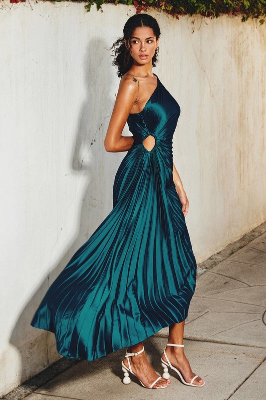 open lace back dress Pink One Shoulder Sheath Satin Long Prom Dresses With Slit